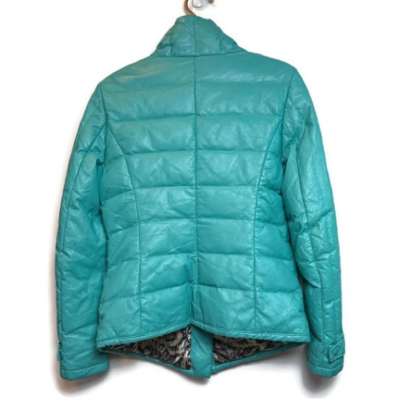 Danier Leather Teal Down Quilted Jacket Asymmetrical High Collar … - Picture 2 of 9